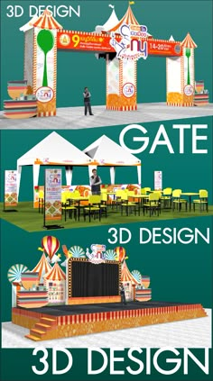 an advertisement for a 3d design event with circus tents and people standing in front of them