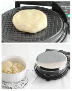 two pictures of food being cooked on top of an electric griddle and in front of the same pan