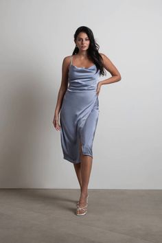 Maddy Cowl Neck Satin Slip Midi Dress in Slate - $39 | Tobi US Holiday Formal Dresses, Blue Dresses For Women, Blue Slip Dress, Holiday Dresses Women, Light Blue Prom Dress, Slip Midi Dress, Winter Formal Dresses, Statement Dress, Pretty Prom Dresses