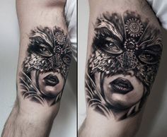 a woman with a mask on her face is shown in black and grey ink by tattoo artist palo murtas