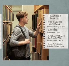 a young man is looking at books in a bookcase and then reading them on the shelf