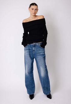 One size. fits xs-m  color: black  lightweight knit sweater  fold over neckline  off the shoulder  60% polyester 30% nylon 10% wool  dry clean  by the nkc store    product     measurements:  width: 40.64cm / 16in  length: 53.34cm / 21in  sleeve length: 54.61cm / 21.5in    model is 177cm / 5′ 10″ wearing size o / s Black Off Shoulder Sweater Outfit, Off Shoulder Sweater Outfit, Off The Shoulder Sweater Outfit, Black Off The Shoulder Sweater, Off The Shoulder Top Outfit, Baggy Sweaters, Off The Shoulder Sweater, Structured Bag, Black Off Shoulder