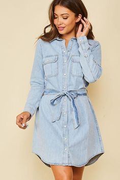 Peach Love Denim Belted Dress Casual Belted Denim Mini Dress, Casual Belted Denim Dress, Belted Medium Wash Denim Dress, Belted Long Sleeve Denim Dress, Medium Wash Belted Button-up Dress, Spring Medium Wash Belted Denim Dress, Medium Wash Belted Knee-length Denim Dress, Medium Wash Knee-length Belted Denim Dress, Long Sleeve Belted Denim Dress