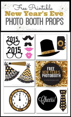 new year's eve photo booth props with gold glitters and black and white