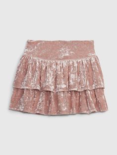 Soft velvet skirt.  Elasticized waist.  Tiered skirt.  Easy pull-on waist.  Hits at the knee. Pink Velvet Skirt, Preppy Kids, Skirts For Kids, Feminine Chic, Velvet Skirt, Gap Kids, Antique Pink, Pink Skirt, Tier Skirt