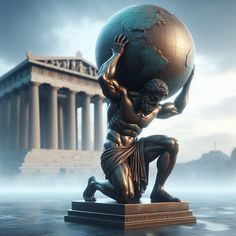 a bronze statue holding the world on his shoulders