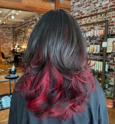 Chunky red peekaboo highlights w/ cut. ⛓️DM OR CLICK THE LINK IN BIO TO BOOK⛓️ . . . . . #althairstylist #althair #redhighlights #peekaboohair #curtainbangs #90sblowout #creativecolorspecialist #vividhaircolor #vividhairstylist #dangerjonescreative #pravanavivids #hairtok #shaghaircut #916hairstylist #sacramentotiktok #independenthairstylist #transformationhaircut #amandapadillahair Dark Hair With Vivid Peekaboo, Black Red Peekaboo Hair, Layered Hair With Red Highlights, Hidden Chunky Highlights, Peekaboo Hair Color Red And Brown, Ref Highlights, Dyed Wolfcut Hair, Black Hair With Dark Green Highlights, Black Hair With Tips Dyed