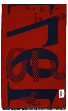 a red and blue scarf with the letter e on it's bottom half is shown