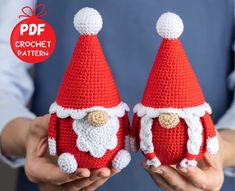 two crocheted santa hats are held in their hands