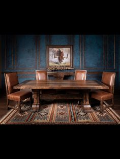 a dining room table with two chairs and a bench in front of it on a rug