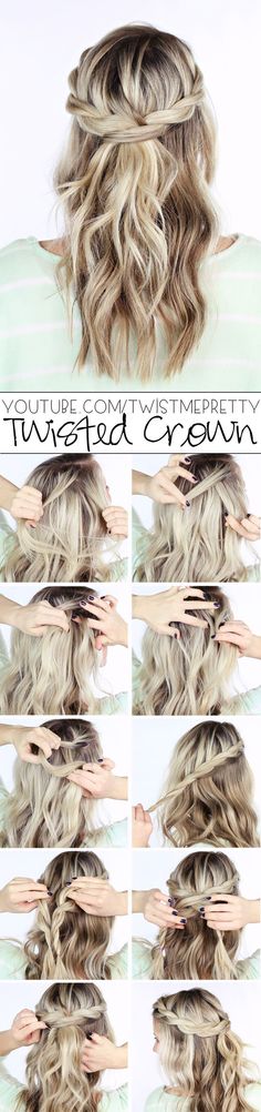 DIY Wedding Hairstyle - Twisted crown braid half up half down hairstyle - Deer Pearl Flowers Sanggul Cepol, Braid Crown Tutorial, Diy Wedding Hair, Hairstyle Tutorials, Haircut Styles, Pinterest Hair, Wedding Hair Down, Winter Formal