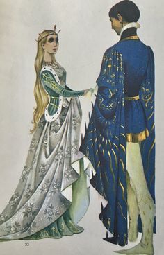 an illustration of a man and woman dressed in medieval costumes, standing next to each other