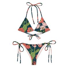 Women's Recycled String Bikini Fitted Tropical Swimwear For Resort Season, Fitted Swimwear For Beach And Resort Season, Fitted Swimwear For Beach Resort Season, Fitted Beachy Swimwear For Resort Season, Printed Fitted Swimwear With Tie-side Bottom, Printed Fitted Tie-side Bottom Swimwear, Printed Fitted Tie-side Swimwear, Fitted Tropical Swimwear With Tie-side Bottom, Fitted Floral Print Swimwear With Triangle Top