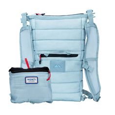 the front and back of a blue backpack with its zippers open, sitting on a white background