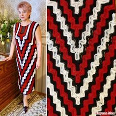 a woman is standing next to a crocheted blanket that looks like a zigzag