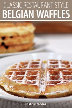 a waffle on a plate with the words classic restaurant style belgian waffles