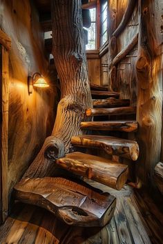 the stairs are made out of logs and wood