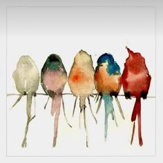 four birds are sitting on a wire and one is painted red, yellow, blue