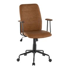 an office chair with wheels and a brown leather upholstered seat, viewed from the front