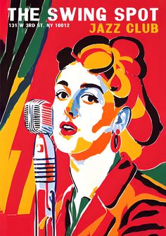 an advertisement for the swing spot jazz club featuring a woman with a microphone in her hand