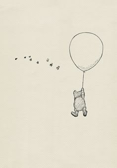 a drawing of a winnie the pooh flying with a balloon