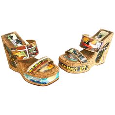 Rare and nothing short of amazing 90s comic book strip novelty cork wedges! Features two straps over the foot, and a block wedge heel. Incredible conversation piece that I've been told are extremely comfortable. Great with jeans, shorts, a skirt or dress. In great condition. Worn once for a photo shoot. Made in Spain Marked Size EU 38 / US 8 (runs true to size) Comic Book Strip, Vintage Wedges, Rare Shoes, Vintage Sandals, Cork Wedges, Novelty Print, Wedge Heels, Comic Book, Vintage Clothing