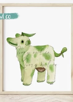 a watercolor painting of a green and white dog