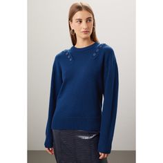 Blue knit (50% Polyester, 20% Acrylic, 20% Nylon, 10% Wool). Sweater. Long sleeves. Crewneck. Pull on. 25" from shoulder to hemline. Imported. Marissa Webb, Plaid Trousers, Rent The Runway, Closet Designs, Shoulder Sweater, Wool Sweater, Crew Neck Sweater, Long Sleeves, Plaid