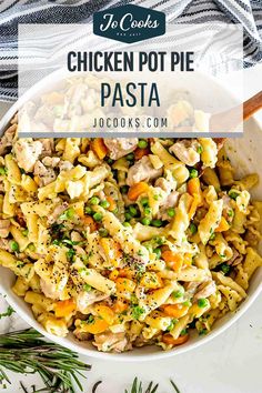 chicken pot pie pasta in a white bowl