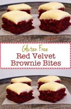 red velvet brownie bites with white frosting on top and the words gluten free