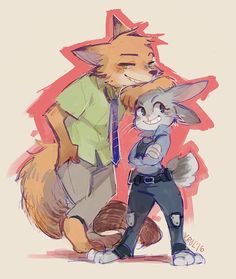 a drawing of a fox and a cat with one holding the other's arm