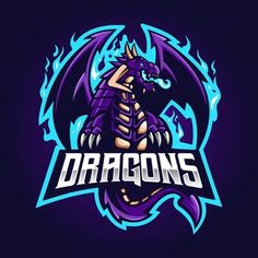 the dragon mascot logo is shown on a dark background with blue and purple flames around it