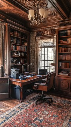 an old fashioned home office with lots of bookshelves