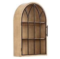 a wooden book shelf with metal bars on it's sides and a arched glass door