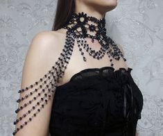 Black Necklace Shoulder Necklace Gothic Couture Choker Bohemian Jewelry Goth Victorian Mylene Farmer Crystal Necklace - Etsy Punk Body Jewelry For Halloween Party, Black Fantasy Jewelry For Costume, Black Fantasy Costume Jewelry, Fantasy Black Costume Jewelry, Handmade Gothic Body Jewelry For Party, Handmade Punk Jewelry For Parties, Handmade Punk Jewelry For Party, Gothic Body Jewelry For Halloween Party, Punk Style Costume Jewelry Choker