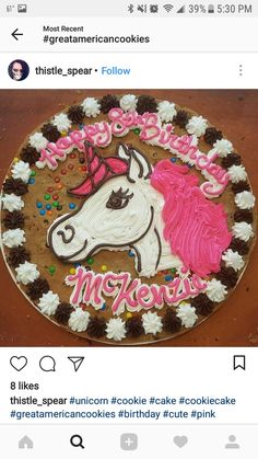 a cake that is decorated with an unicorn on the front and pink manes on the back