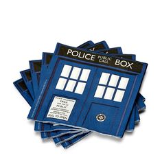 six blue police box coasters stacked on top of each other