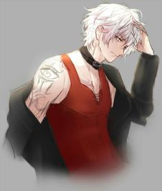 an anime character with white hair and tattoos