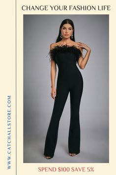 Our Lilith Black Bandage Jumpsuit will be your best choice for dinners or everyday occasions. The feather tube top design is made of elastic bandage fabric to shape charming curves. The pants are cut in a straight-leg silhouette and have a slightly flared hem to elongate the leg. Style it with a blazer or heels for a chic look. Why don't you try it? --Length: Approx 122cm --Materials: Bandage (73.6% Viscose, 24% Polyester, 2.4% Spandex) The model is 5 ft 74 and wears size M Elegant Party Bottoms With Feather Trim, Elegant Fitted Bottoms With Feather Trim, Chic Pants With Feather Trim, Feather Tube Top, Feather Jumpsuit, Wedding Guest Jumpsuit, Tube Top Design, Jumpsuit Wedding Guest, Graduation Attire