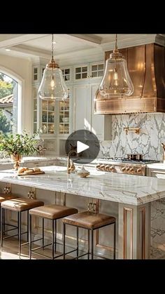 a kitchen with marble counter tops and stools