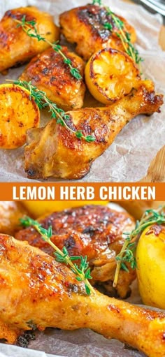 lemon herb chicken with potatoes and herbs on the side, next to an image of grilled chicken