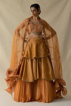 Shop for Merge Design Orange Blouse Layered Lehenga Set With Ruffle Dupatta for Women Online at Aza Fashions Layered Lehenga, Ruffle Dupatta, Cancan Lehenga, Cape Lehenga, Kurta Lehenga, Lehenga Pattern, Abstract Embroidery, Padded Blouse, Net Lehenga