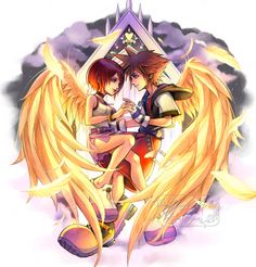 two anime characters hugging each other with wings