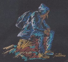 a drawing of a person sitting on top of a rock