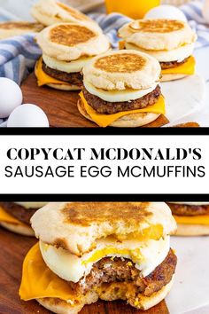 two pictures of eggs and cheese on english muffins with the words copycat mcdonald's sausage egg mcmuffins