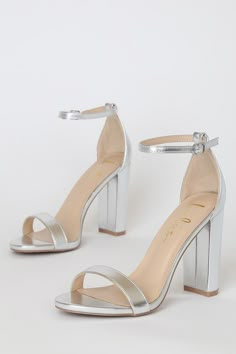 Silver Heels Thick Heel, Heels For Silver Dress, Hoco Shoes Silver, Silver Strap Heels, Grad Heels Grade 8, Homecoming Heels Silver, Silver Prom Heels, Silver Prom Shoes, Sliver Heels