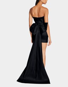 Black Long Hoco Dress, Sleeveless Cocktail Mini Dress With Detachable Bow, Elegant Mini Dress With Detachable Bow For Party, Party Evening Dress With Detachable Train In Satin, Strapless Mini Dress With Detachable Bow For Evening, Cocktail Mini Dress With Detachable Bow, Glamorous Satin Mini Dress With Bow, Chic Prom Mini Dress With Satin Bow, Party Dresses With Detachable Bow Mini Length