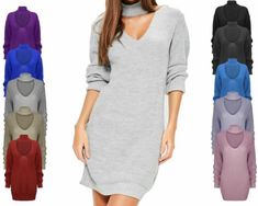 Great Shopping New Ladies Women Knitted Long Sleeve Choker Neck Colour Jumper Top Sweater 8-18, Womens Sweaters Casual Knitted Sweater Dress In Solid Color, Casual Gray Sweater Dress For Winter, Casual Knitted Sweater Dress For Winter, Casual Long Sleeve Solid Sweater Dress, Casual Long Sleeve Sweater Dress, Gray Long Sleeve Ribbed Sweater Dress, Casual Gray Sweater Dress For Fall, Gray Stretch Sweater Dress For Fall, Casual Long Sleeve Sweater Dress For Winter