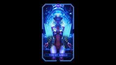 a card with an image of a woman in the center and neon lights around her