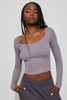 What's the scoop on your new long sleeve, girly? Features - Scoop neck - Rib knit - Stretchy Size & Fit - Fit: Fitted - Length: Cropped - Model is wearing size S Materials & Care - Content: 95% rayon, 5% spandex - Care: Machine wash, cold - Imported Long Sleeve Shirt Outfits, Shein Fits, Town Outfits, Grey Long Sleeve Shirt, Scoop Neck Top, Cute Everyday Outfits, Grey Long Sleeve, Cute Casual Outfits, Cute Tops